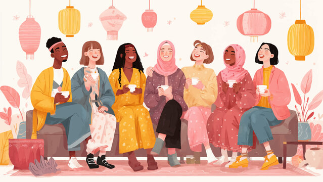 Eid Diverse group of women celebrating together, multicultural female friends drinking tea on sofa, happy women in hijab and casual clothes, flat vector illustration