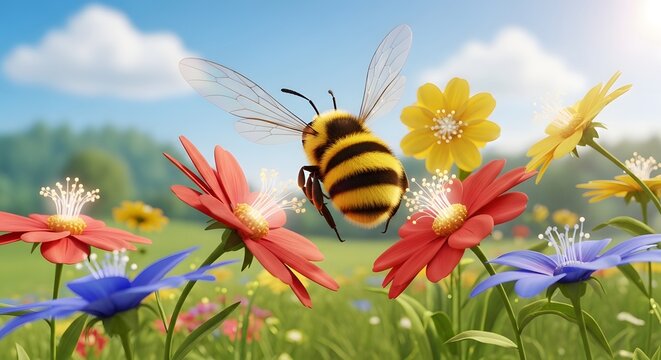 A fuzzy bumblebee flying over a field of vibrant wildflowers with a blue sky and fluffy clouds above
