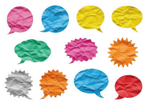 A collection of colorful speech bubbles in various shapes and sizes