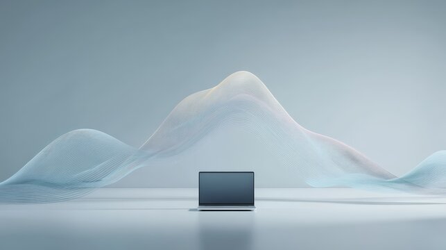 A laptop is placed on a reflective surface with abstract, flowing digital waves rising behind it in a minimalistic, futuristic setting, abstract daily work overlay