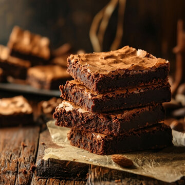 Fudgy chocolate brownie stack with crinkled tops on a rustic wood surface, an almond nearby, more brownies blurred in background