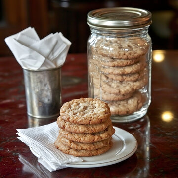 Golden cookies stacked on a white plate with napkins, and a glass jar filled with cookies on a dark table