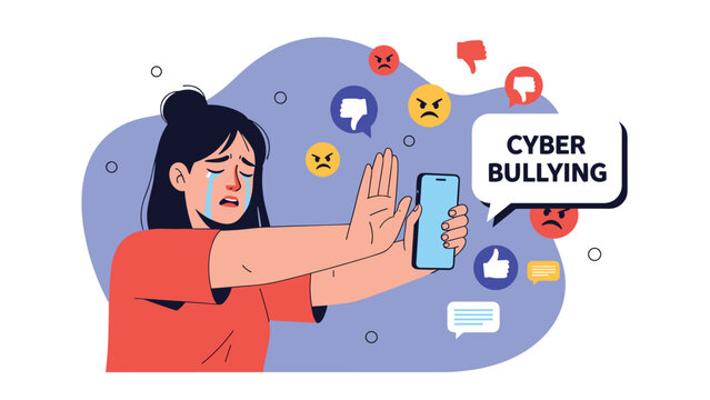 Crying young woman holding a smartphone and showing a stop gesture to protect herself from cyber bullying online.