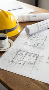Architectural Blueprints and Construction Helmet on Wooden Desk.