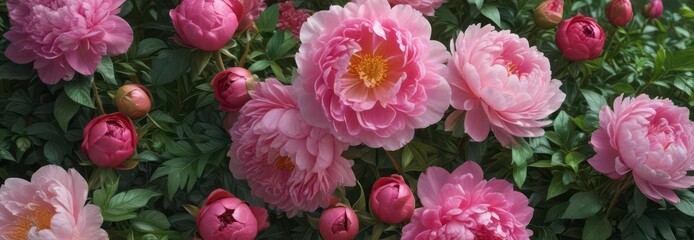 Fototapeta premium Dazzling peonies and roses in a vibrant floral mix, surrounded by lush greenery and decorative accents, colorful blooms, botanical wallpaper, flower bunch
