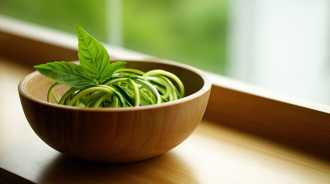 Wooden bowl with fresh zucchini noodles and basil leaves on a windowsill