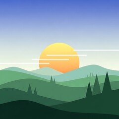 Obraz premium Sunset over mountains with trees silhouette.