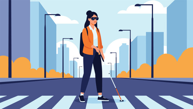 Blind young woman wearing sunglasses and holding white cane walks confidently across a city street crosswalk during her daily commute.