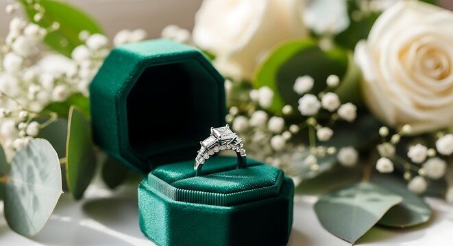 Diamond solitaire ring in green velvet box with white roses and baby s breath flowers