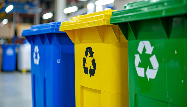 Recycling bins in a warehouse facility with blue, yellow and green colors.