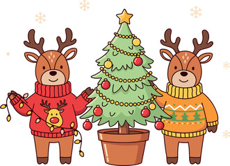 Naklejka premium Cute Christmas Reindeer with Decorated Tree Wearing Winter Sweaters and Holiday Lights for Festive Season Greeting and Winter Design