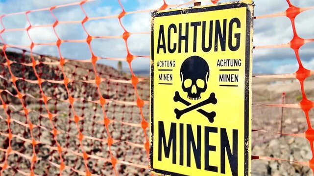 Danger sign in german language reading Achtung Minen with a skull and crossbones symbol, attached to an orange plastic safety fence, indicating the presence of a deadly landmine area