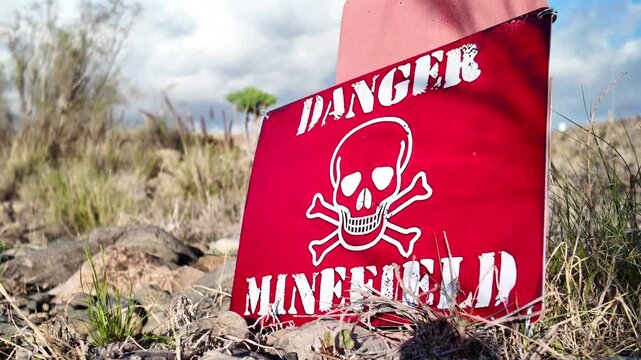 Close-up of a red danger minefield warning sign with a skull and crossbones symbol sitting on the dry, grassy ground of a conflict zone, signaling the deadly presence of hidden landmines