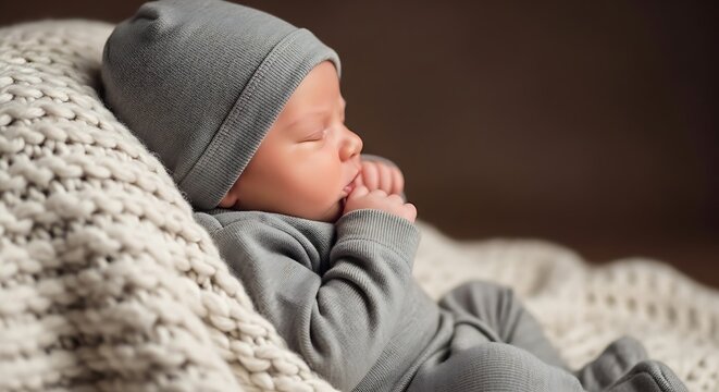 Sleeping newborn baby in gray outfit.