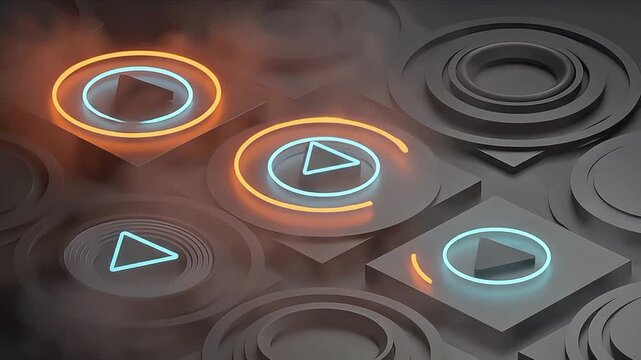 neon play buttons on black squares with glowing blue and orange lights
