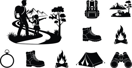 Outdoor adventure icons set hiking camping wilderness exploration black silhouette vector graphics © Dheip