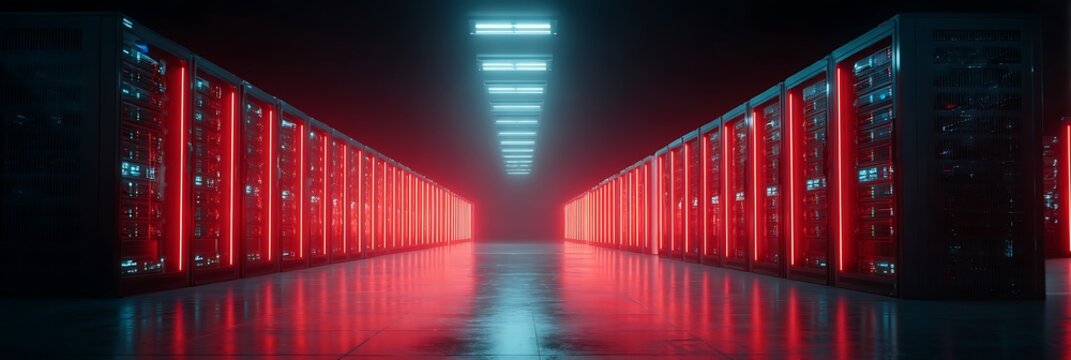 Futuristic Data Center Server Room with Glowing Red Neon Lights and Advanced Computing Infrastructure for Cloud Storage and Enterprise Network Technology Systems