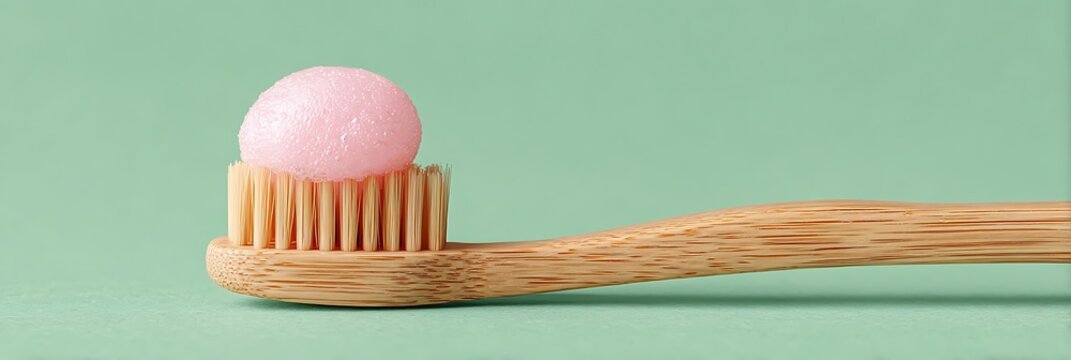 Eco Friendly Bamboo Toothbrush with Pink Toothpaste on Green Background for Daily Oral Hygiene Routine and Sustainable Lifestyle and Dental Care Concept