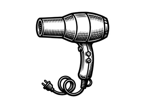 Vintage Handheld Hair Dryer Beauty Salon Appliance Engraving Illustration Black and White Line Art