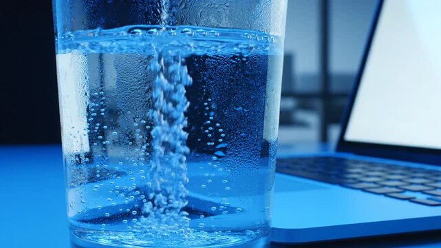 Water poured into glass on desk.