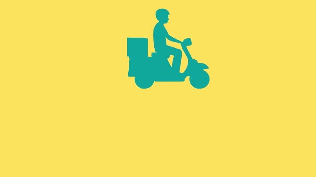 The delivery car goes and the inscription "Fast Delivery 24/7" appears. Animation of a food delivery van on a yellow background