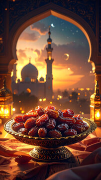 Ramadan Kareem Dates at Sunset with Mosque View - A Traditional Iftar Celebration Concept