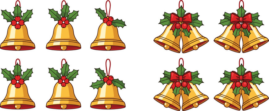Christmas bells vector set featuring golden jingle bells with holly leaves and red bows isolated on white background for festive holiday decoration design
