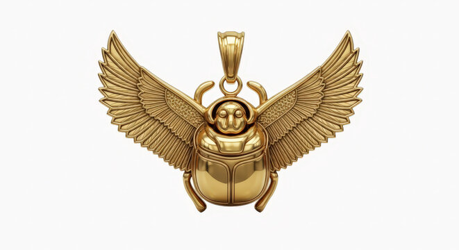 Ornate golden egyptian winged scarab amulet pendant isolated on a clean white background