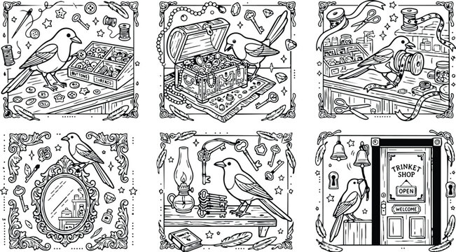 Colorbook style vector art depicting a small bird interacting with buttons threads treasure chest antique keys and trinket shop entrance detailed line drawing collection