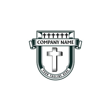 Vintage Christian Cross Shield Badge Logo Vector Illustration