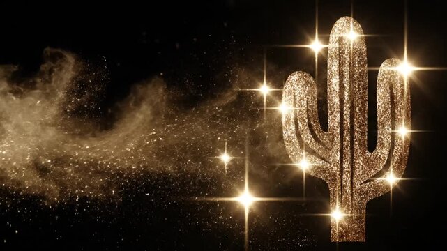 A sparkling golden cactus design against a dark backdrop, with glimmers and starbursts