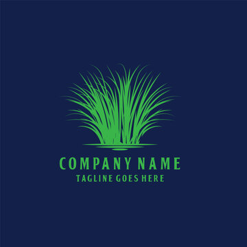 Green Grass Plant Logo Vector Illustration On Dark Blue Background