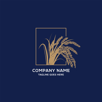 Golden Rice Wheat Ear Logo Vector Illustration On Dark Blue Background