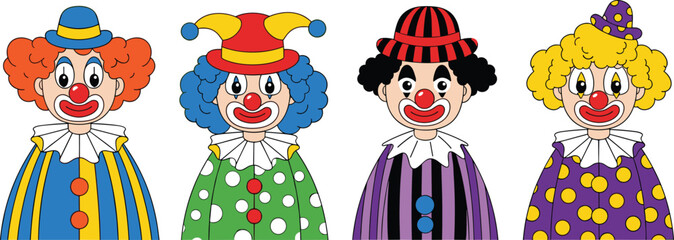 PrintColorful clown characters vector set featuring circus performers with different costumes, hairstyles and makeup isolated on white background for entertainment design © MstBabli