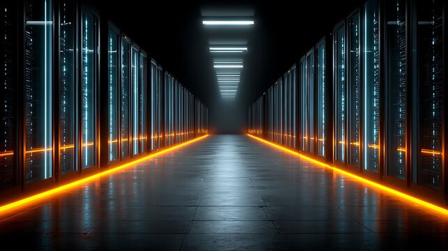 Futuristic data center with glowing orange and blue server racks in a dark corridor. High-tech cloud computing infrastructure for big data storage and network security.