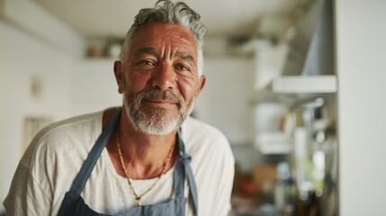 Fototapeta premium Grey-haired man in beard, apron, and kitchen setting.