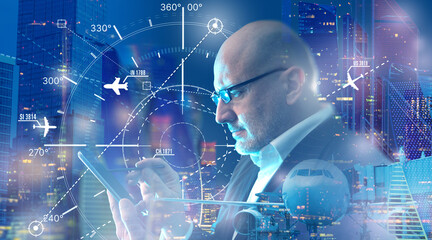 Aviation analytics, logistics manager analyzes flight routes on tablet with digital interface, planning air traffic, transport operations and urban infrastructure coordination. © Grispb