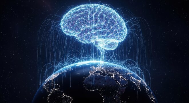 futuristic glowing human brain connected to global digital network over earth