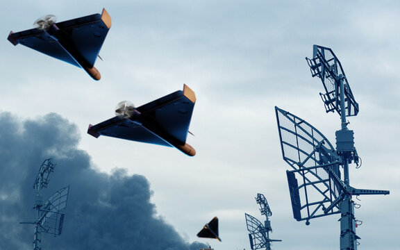Air defense, military drones fly near radar stations conducting surveillance and target detection, protecting airspace with automated monitoring and defense systems.