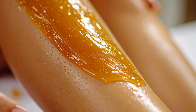Leg hair removal using sugar paste, glossy caramel-like paste applied on skin, blurred backdrop, beauty and skincare treatment