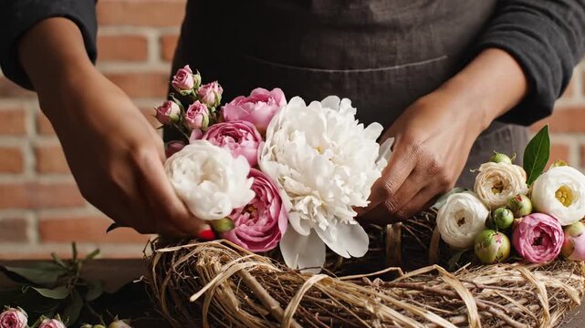Close-up of a florist's hands arranging fresh white peonies and pink roses on a rustic round woven twig wreath base in a studio with a brick wall background.
