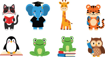 Cute cartoon animals learning and studying vector set featuring elephant, frog, owl, tiger and penguin characters with books isolated on white background © MstBabli