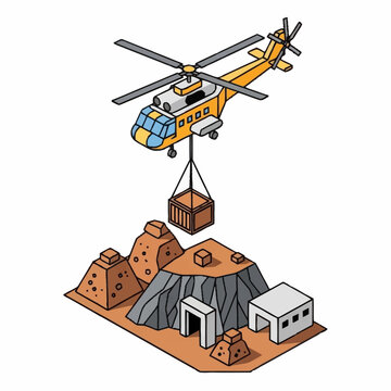 A yellow helicopter is carefully lowering a wooden crate onto a rugged, mountainous terrain with ancient structures and a modern building.