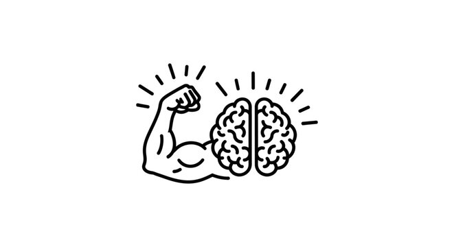 brain power mental strength flexing bicep with radiant brain icon symbolizing intellectual strength and intelligence.