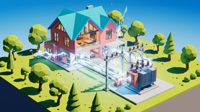 Low poly animation of a house getting electrical power from a transformer and power lines