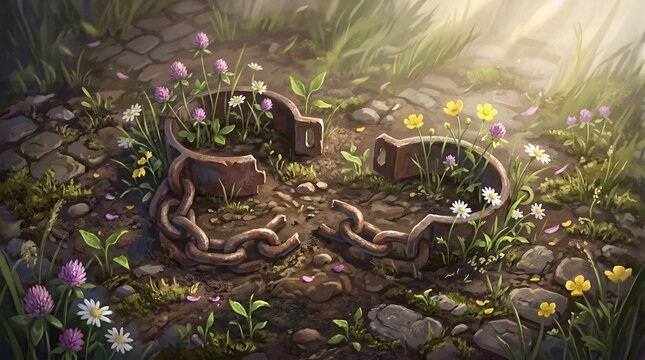 Symbolic broken shackles lying on historical ground with beautiful wildflowers growing through the metal under soft sunlight.