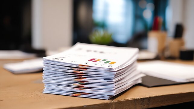 A stack of printed customer feedback reports on a desk.
