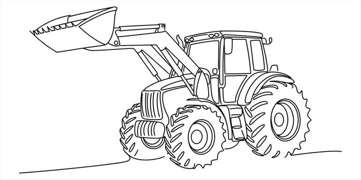 A detailed line art drawing of a heavy industrial tractor with a front loader for coloring pages. Vector, illustration