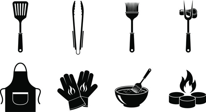 Barbecue icons set essential grill tools accessories black and white vector graphics