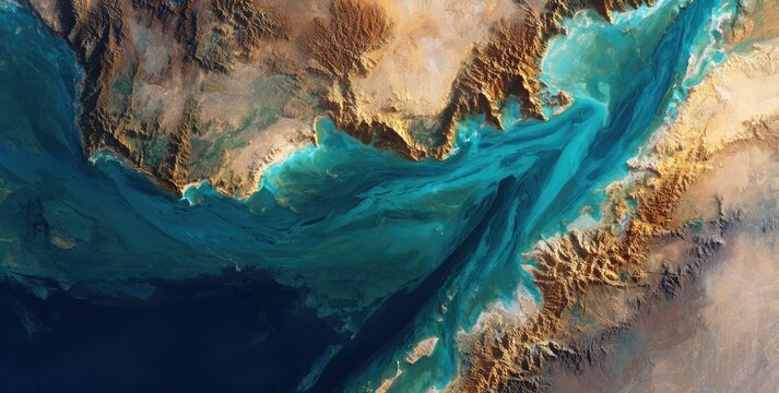 Aerial View of Turquoise Ocean Currents Flowing Through Rugged Coastline.